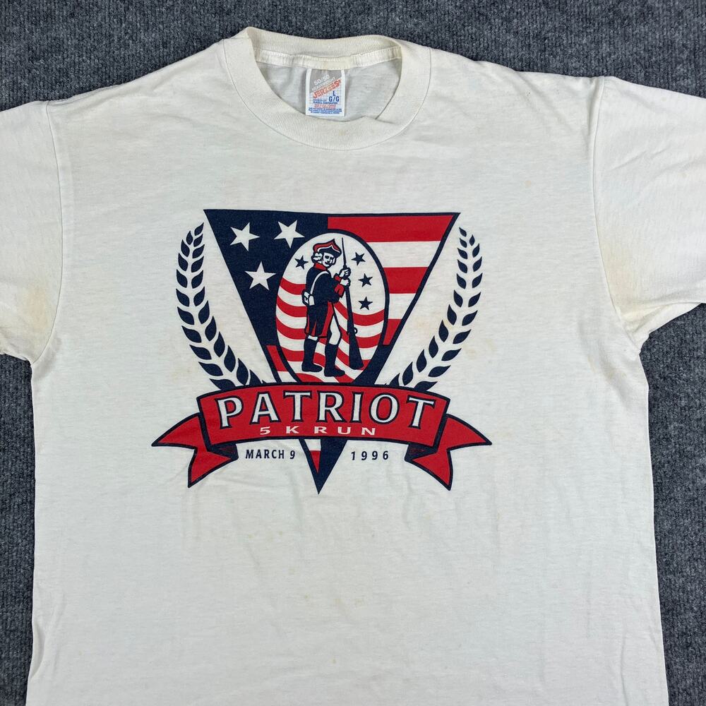 Jerzees T-Shirt Mens Size L White 1996 Patriot 5K Run Vintage USA Graphic Tee